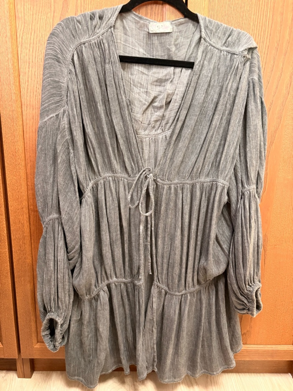 Free People Washed Gray Crinkle Tie-Front Tunic Top